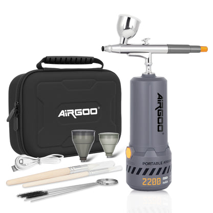 Airgoo Portable Airbrush Kit with Air Compressor MK430-215 with 0.3mm Nozzle, Cordless Airbrush Gun Set with Replaceable 5cc/10cc/20cc Fluid Cups for Makeup, Crafts, Tattoo, Modeling, Cake Decor