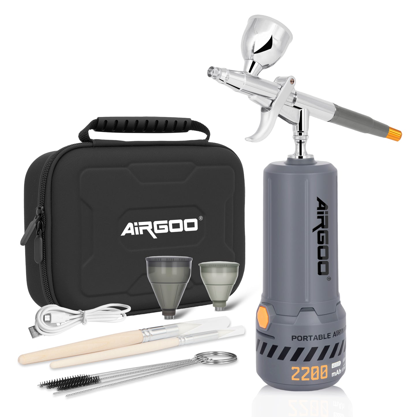 Airgoo Portable Airbrush Kit with Air Compressor MK430-116E with 0.3mm Nozzle, Cordless Airbrush Gun Set with Replaceable 5cc/10cc/20cc Fluid Cups for Makeup, Crafts, Tattoo, Modeling, Cake Decor