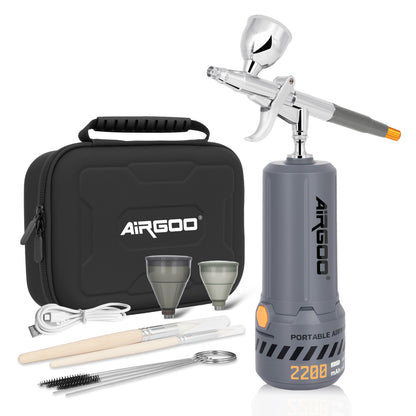 Airgoo Portable Airbrush Kit with Air Compressor MK430-116E with 0.3mm Nozzle, Cordless Airbrush Gun Set with Replaceable 5cc/10cc/20cc Fluid Cups for Makeup, Crafts, Tattoo, Modeling, Cake Decor