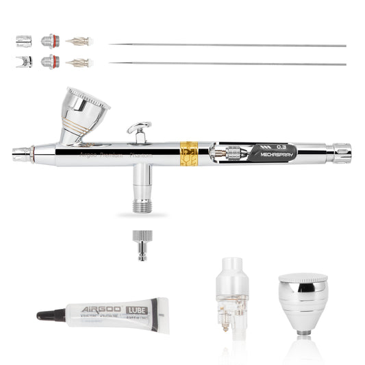 Airgoo Phantom D1 Premium Airbrush, 0.2mm & 0.3mm Needle/Nozzle, Dual-Action Gravity Feed Airbrush with 7ml & 11ml Interchangeable Cups, Mini Filter for Model Painting, Canvas Art, Makeup & Hobby Use