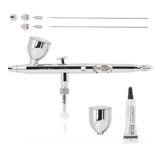 Airgoo Premium Airbrush Set AG-216 Dual Action Gravity Feed Airbrush Kit with 0.3mm/0.5mm Nozzles & Needles, 7CC/10CC Fluid Cups, Oil Lubricant for Tattoo, Modeling, Cake Decor, Nail Painting