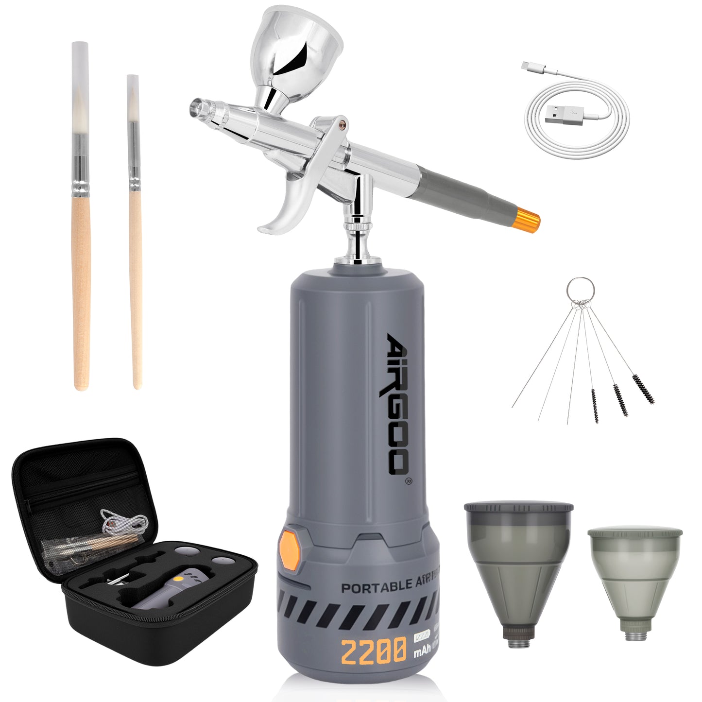 Airgoo Portable Airbrush Kit with Air Compressor MK430-116E with 0.3mm Nozzle, Cordless Airbrush Gun Set with Replaceable 5cc/10cc/20cc Fluid Cups for Makeup, Crafts, Tattoo, Modeling, Cake Decor