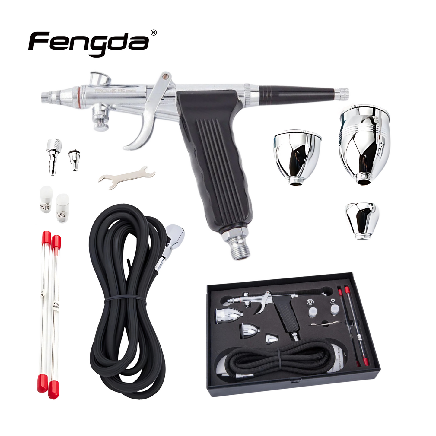 طقم إيربرش Fengda Elite 0.3, 0.5 & 0.8mm جرافيتي فيد، مسدس مزدوج الحركة، مع 3 كوبايات قابلة للتبديل، فونيات وإبرة، وخراطيم هواء مضفر 2 متر (FE-116C)