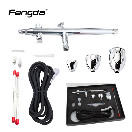 مجموعة مسدس اير برش الطلاء Fengda Elite Airbrush 0.2 و0.3 و0.5 مم ذات التغذية بالجاذبية، مزدوجة الحركة، مع 3 أكواب قابلة للتبديل، وفوهات، وأنبوب هواء مضفر بطول مترين (FE-186K)