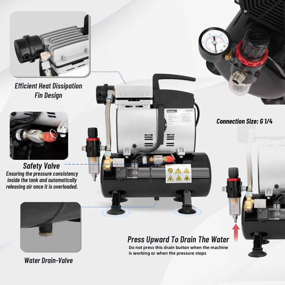 Fengda AS-600 Heavy Duty Airbrush Mini Air Compressor Double Piston with 4L Air Tank, 44 Litres/Min, 57dB