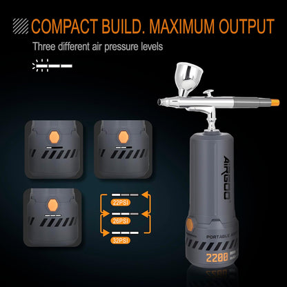 Airgoo Portable Airbrush Kit with Air Compressor MK430-215 with 0.3mm Nozzle, Cordless Airbrush Gun Set with Replaceable 5cc/10cc/20cc Fluid Cups for Makeup, Crafts, Tattoo, Modeling, Cake Decor