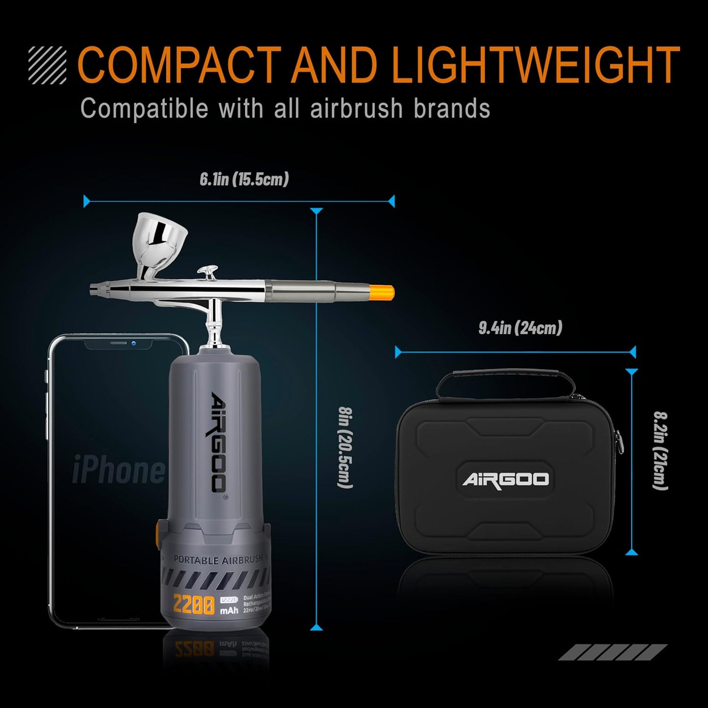 Airgoo Portable Airbrush Kit with Air Compressor MK430-215 with 0.3mm Nozzle, Cordless Airbrush Gun Set with Replaceable 5cc/10cc/20cc Fluid Cups for Makeup, Crafts, Tattoo, Modeling, Cake Decor