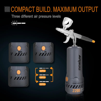 Airgoo Portable Airbrush Kit with Air Compressor MK430-116E with 0.3mm Nozzle, Cordless Airbrush Gun Set with Replaceable 5cc/10cc/20cc Fluid Cups for Makeup, Crafts, Tattoo, Modeling, Cake Decor