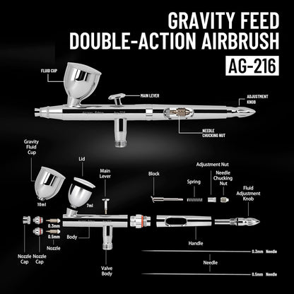 Airgoo Premium Airbrush Set AG-216 Dual Action Gravity Feed Airbrush Kit with 0.3mm/0.5mm Nozzles & Needles, 7CC/10CC Fluid Cups, Oil Lubricant for Tattoo, Modeling, Cake Decor, Nail Painting