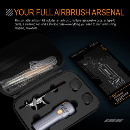 Airgoo Portable Airbrush Kit with Air Compressor MK430-116E with 0.3mm Nozzle, Cordless Airbrush Gun Set with Replaceable 5cc/10cc/20cc Fluid Cups for Makeup, Crafts, Tattoo, Modeling, Cake Decor