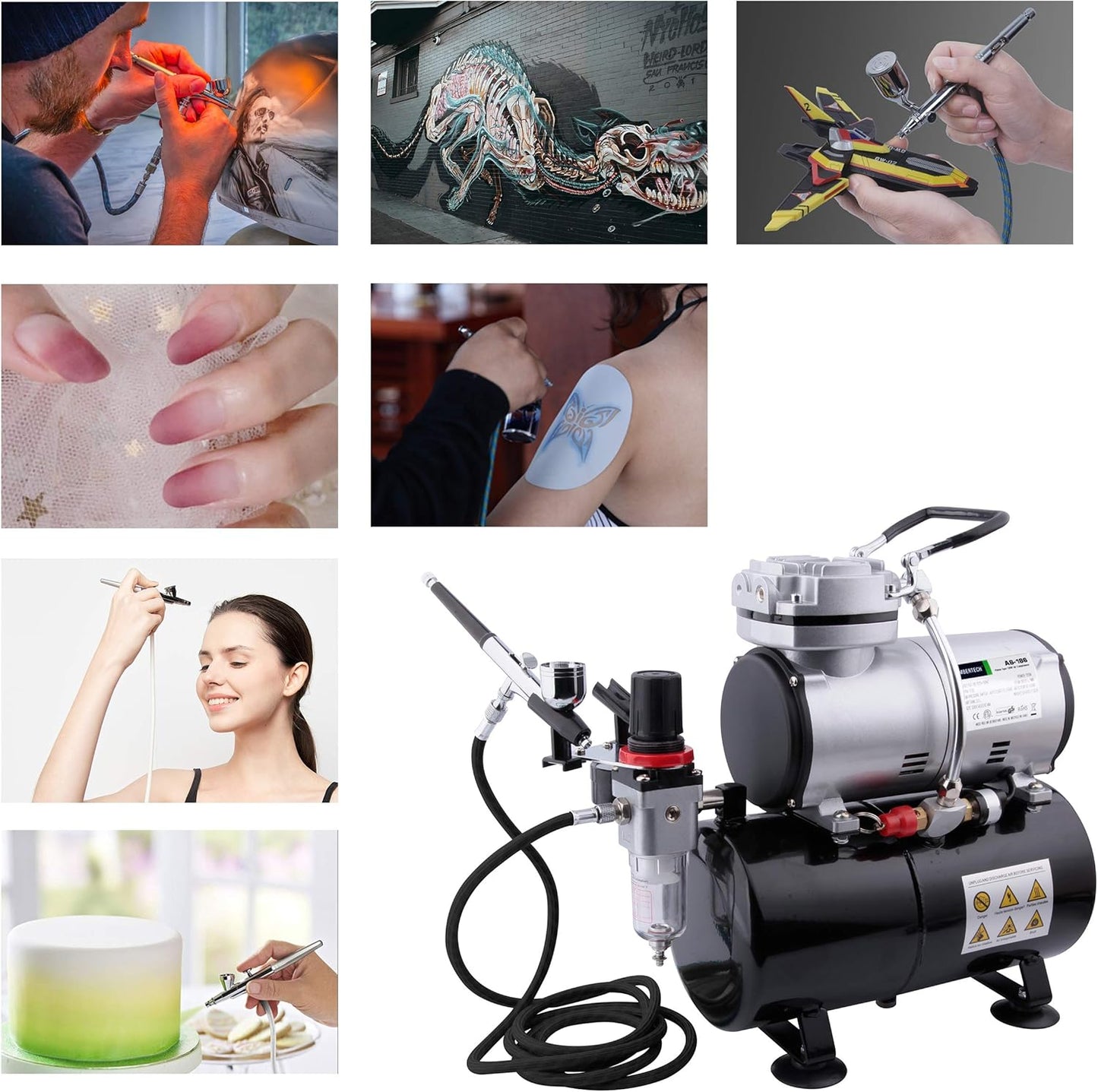 Fengda Air Brush Professional Starter Set Kit with 3L Mini Compressor Air Tank Kit FD-186K, Air Brush FE-130 0.3mm Adjustable Dual-Action & Accesories for Spray Painting Canvas & Model Art, Body Tatto