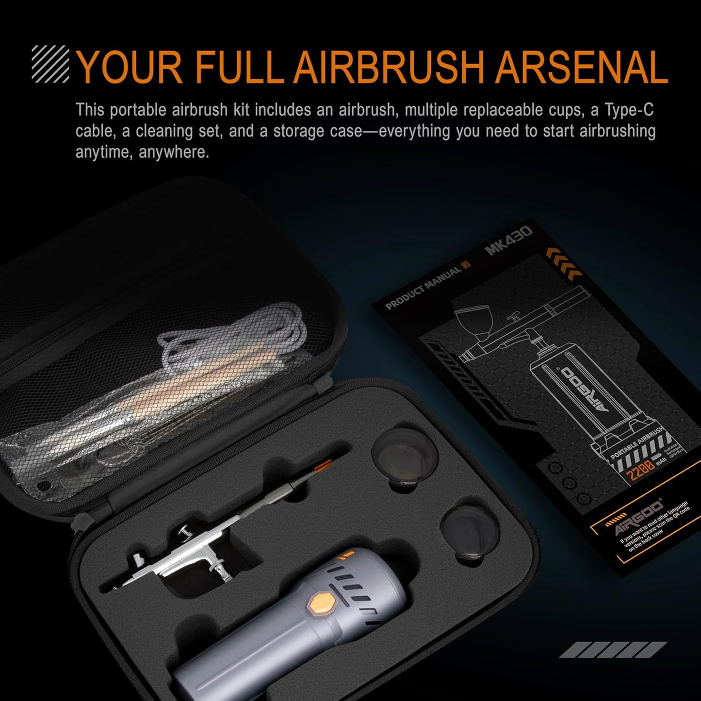 Airgoo Portable Airbrush Kit with Air Compressor MK430-215 with 0.3mm Nozzle, Cordless Airbrush Gun Set with Replaceable 5cc/10cc/20cc Fluid Cups for Makeup, Crafts, Tattoo, Modeling, Cake Decor