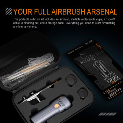Airgoo Portable Airbrush Kit with Air Compressor MK430-215 with 0.3mm Nozzle, Cordless Airbrush Gun Set with Replaceable 5cc/10cc/20cc Fluid Cups for Makeup, Crafts, Tattoo, Modeling, Cake Decor
