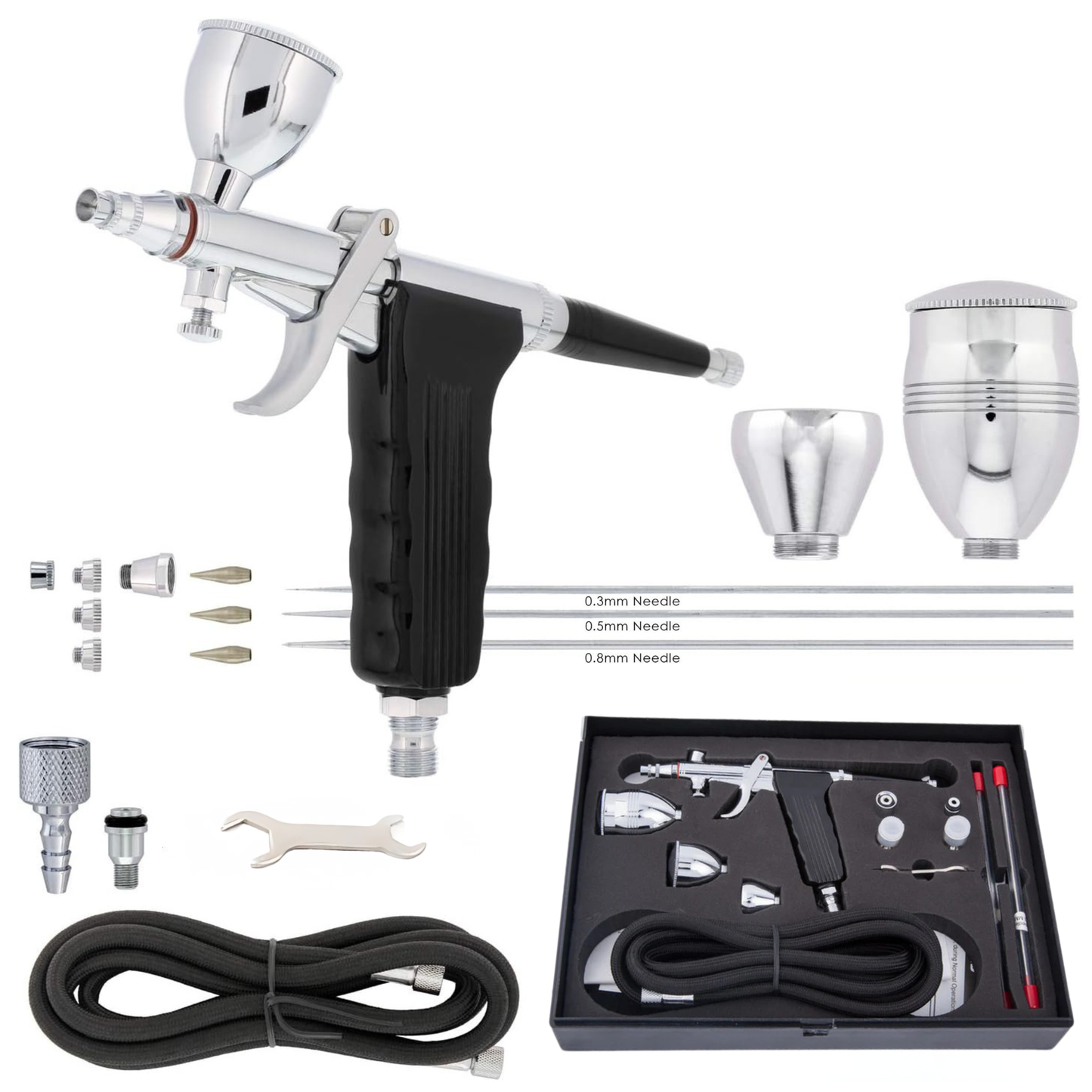 طقم إيربرش Fengda Elite 0.3, 0.5 & 0.8mm جرافيتي فيد، مسدس مزدوج الحركة، مع 3 كوبايات قابلة للتبديل، فونيات وإبرة، وخراطيم هواء مضفر 2 متر (FE-116C)
