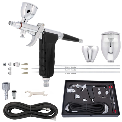 طقم إيربرش Fengda Elite 0.3, 0.5 & 0.8mm جرافيتي فيد، مسدس مزدوج الحركة، مع 3 كوبايات قابلة للتبديل، فونيات وإبرة، وخراطيم هواء مضفر 2 متر (FE-116C)