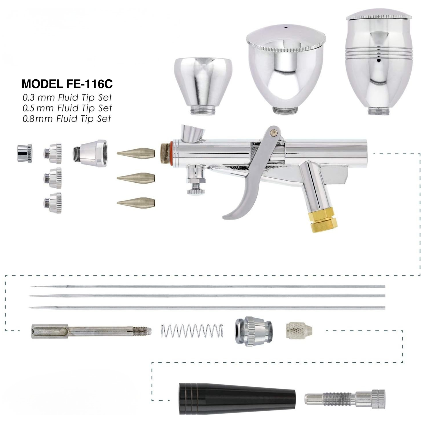 طقم إيربرش Fengda Elite 0.3, 0.5 & 0.8mm جرافيتي فيد، مسدس مزدوج الحركة، مع 3 كوبايات قابلة للتبديل، فونيات وإبرة، وخراطيم هواء مضفر 2 متر (FE-116C)