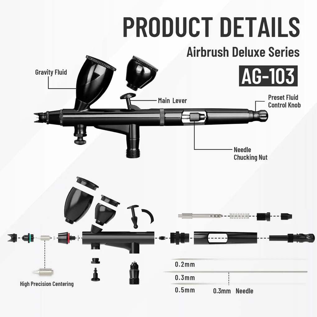 مجموعة مسدس اير برش الطلاء Fengda High End &amp; Deluxe Series Airbrush 0.3 مم، تغذية الجاذبية، ثنائي الحركة مع كوبين قابلين للتبديل لـ Air Brush Master
