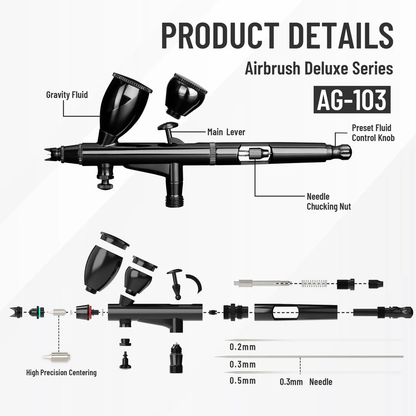 مجموعة مسدس اير برش الطلاء Fengda High End &amp; Deluxe Series Airbrush 0.3 مم، تغذية الجاذبية، ثنائي الحركة مع كوبين قابلين للتبديل لـ Air Brush Master