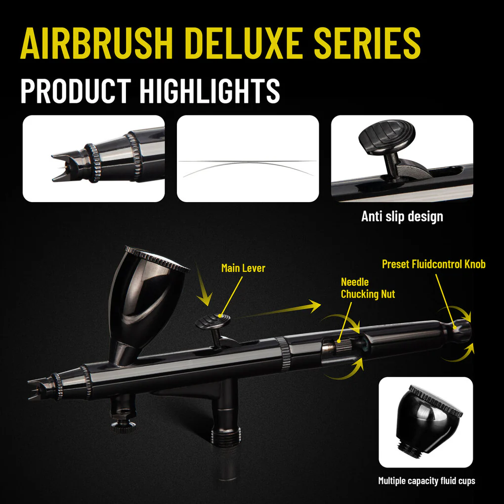 مجموعة مسدس اير برش الطلاء Fengda High End &amp; Deluxe Series Airbrush 0.3 مم، تغذية الجاذبية، ثنائي الحركة مع كوبين قابلين للتبديل لـ Air Brush Master