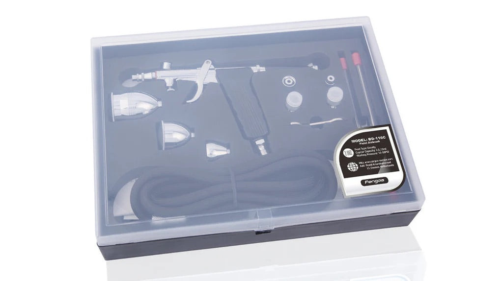 طقم إيربرش Fengda Elite 0.3, 0.5 & 0.8mm جرافيتي فيد، مسدس مزدوج الحركة، مع 3 كوبايات قابلة للتبديل، فونيات وإبرة، وخراطيم هواء مضفر 2 متر (FE-116C)