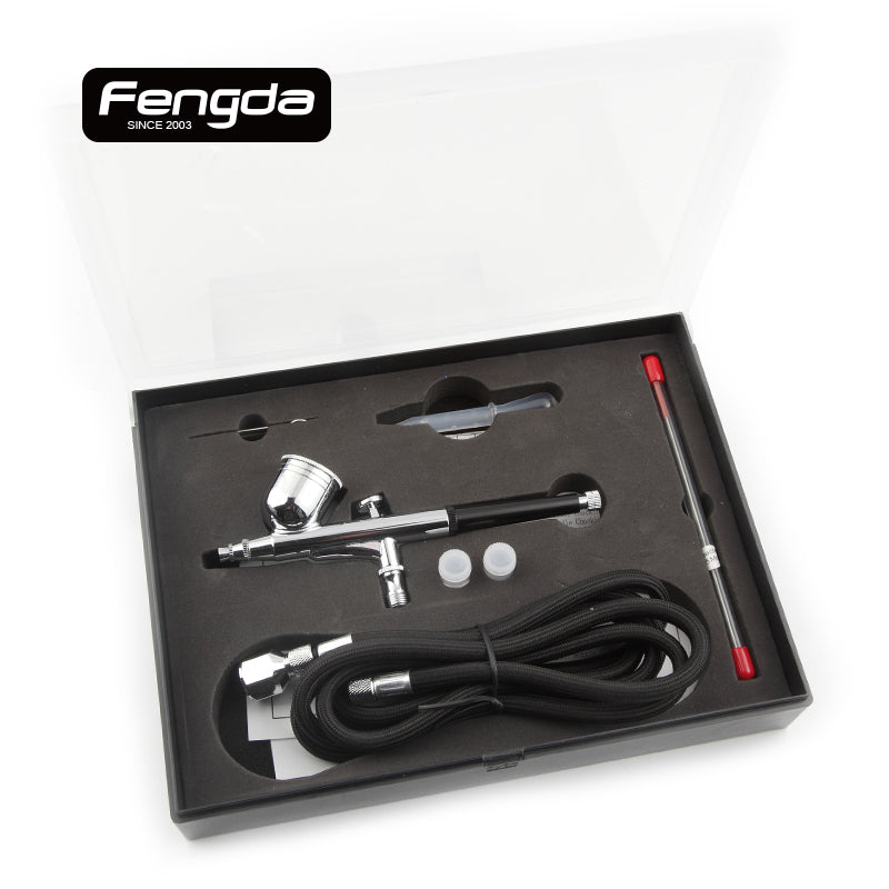 Fengda Air Brush 0.2, 0.3 & 0.5mm Needle/Nozzle, Gravity Feed Adjustable Dual-Action Spray Gun Set and 2 Meter Braided Air Tube. FE-130K