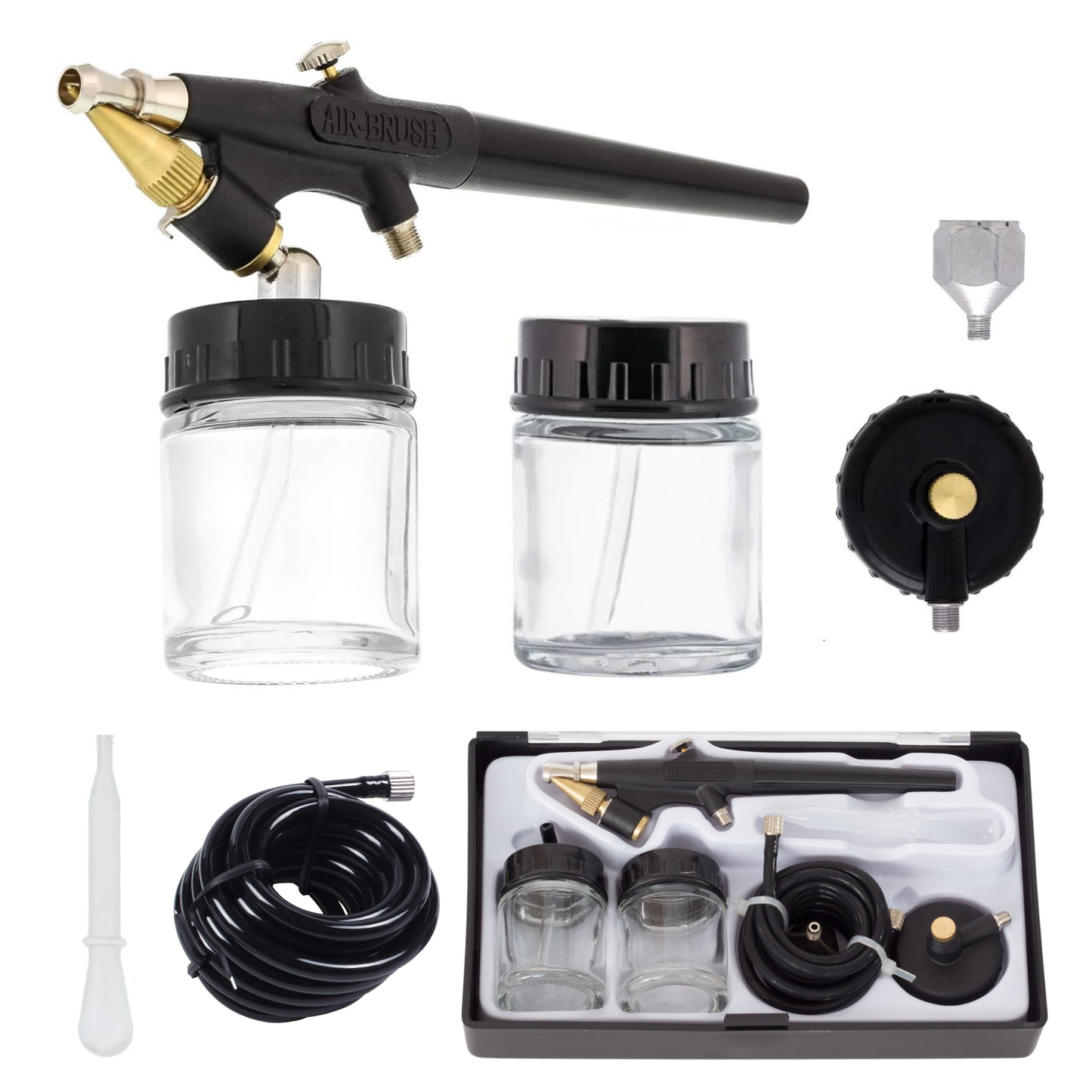 Fengda Airbrush Paint Spray Gun Set, 0.8mm Siphon Type, 2 Glass Cups, 2m Air Tube, BD-138