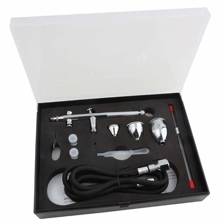 مجموعة مسدس اير برش الطلاء Fengda Elite Airbrush 0.2 و0.3 و0.5 مم ذات التغذية بالجاذبية، مزدوجة الحركة، مع 3 أكواب قابلة للتبديل، وفوهات، وأنبوب هواء مضفر بطول مترين (FE-186K)