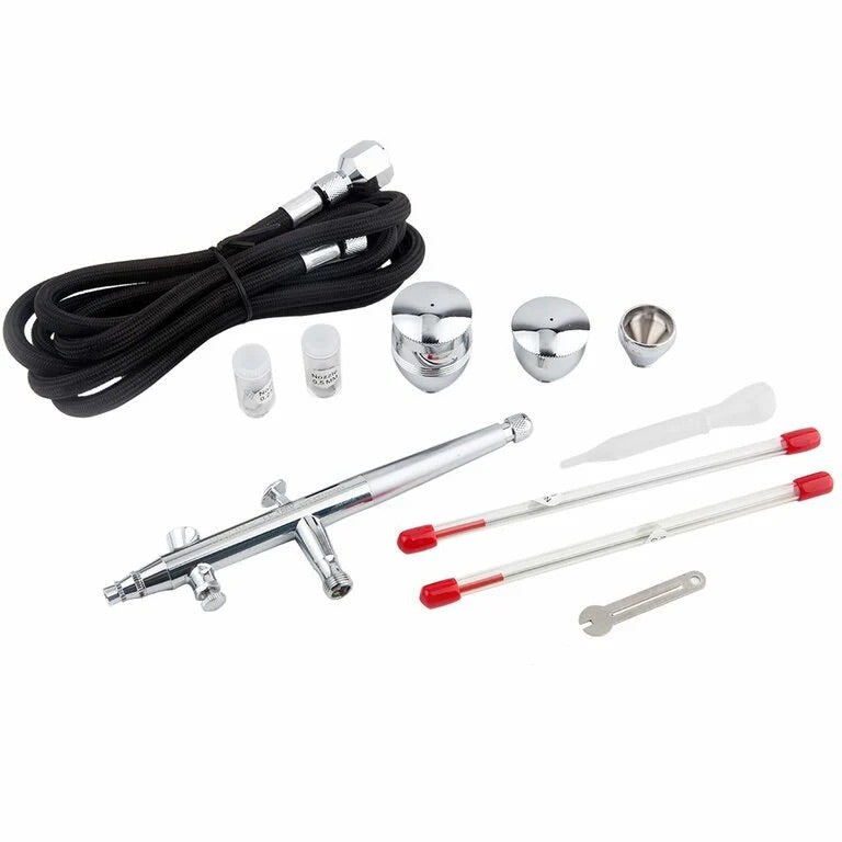 مجموعة مسدس اير برش الطلاء Fengda Elite Airbrush 0.2 و0.3 و0.5 مم ذات التغذية بالجاذبية، مزدوجة الحركة، مع 3 أكواب قابلة للتبديل، وفوهات، وأنبوب هواء مضفر بطول مترين (FE-186K)