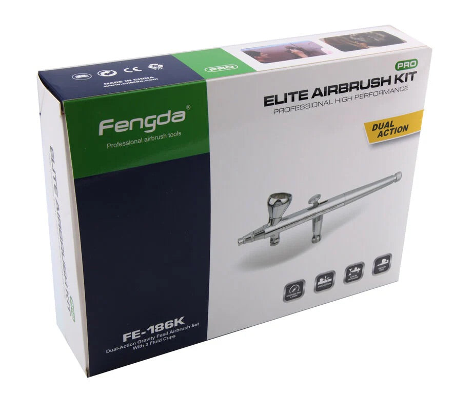 مجموعة مسدس اير برش الطلاء Fengda Elite Airbrush 0.2 و0.3 و0.5 مم ذات التغذية بالجاذبية، مزدوجة الحركة، مع 3 أكواب قابلة للتبديل، وفوهات، وأنبوب هواء مضفر بطول مترين (FE-186K)
