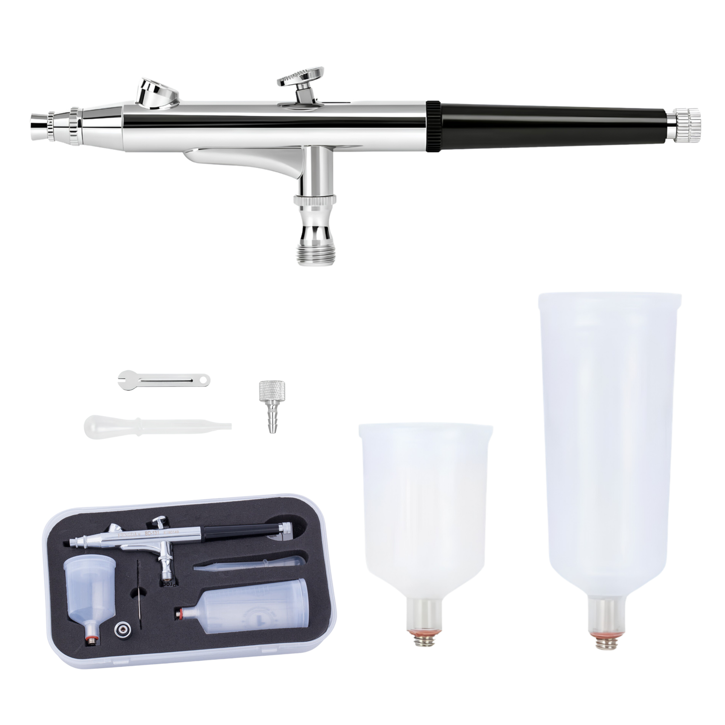 Fengda Airbrush 0.3mm Needle/Nozzle, Gravity Feed Adjustable Dual-Action Spray Gun Set with 50ml & 100ml Plastic Cups BD-131
