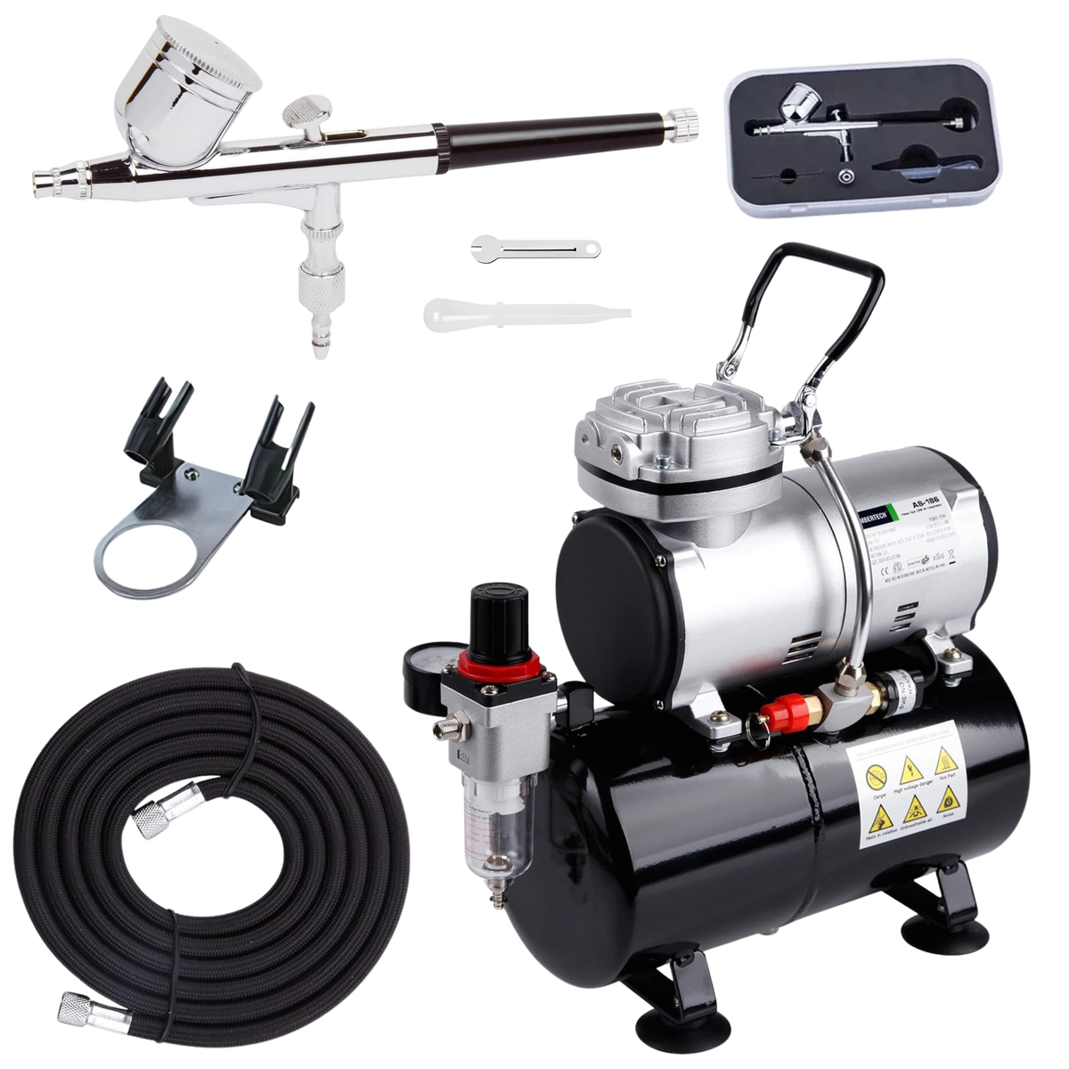 Fengda Air Brush Professional Starter Set Kit with 3L Mini Compressor Air Tank Kit FD-186K, Air Brush FE-130 0.3mm Adjustable Dual-Action & Accesories for Spray Painting Canvas & Model Art, Body Tatto