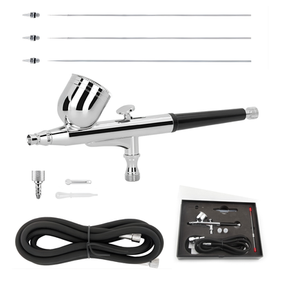 Fengda Air Brush 0.2, 0.3 & 0.5mm Needle/Nozzle, Gravity Feed Adjustable Dual-Action Spray Gun Set and 2 Meter Braided Air Tube. FE-130K